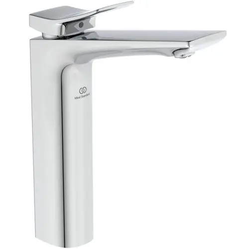Chromene Armatur von Ideal Standard mit vertikalem Design und einem flachen Hebel zum Wasserfluss, geeignet für verschiedene Badezimmeranwendungen.